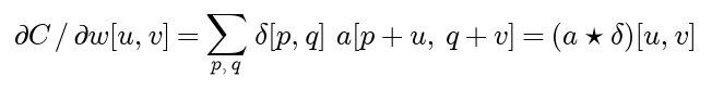 The derivative of the cost with respect to the kernel entry at u, v is the sum over positions of the error at p, q times the input at p plus u, q plus v, which is the cross-correlation of the input with the error, evaluated at u, v