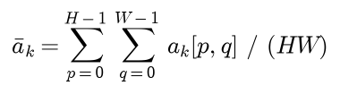 The global average of channel k is the sum over all rows p and columns q of channel k, divided by H W