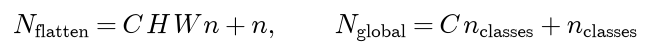 A Flatten head with n units has C H W n plus n parameters; a global average pooling head has C times the number of classes plus the number of classes