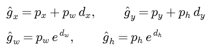 The decoded centre x is p x plus p w times d x, the centre y is p y plus p h times d y, the width is p w times e to the d w, and the height is p h times e to the d h