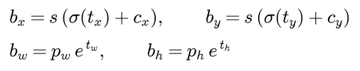 The decoded centre x is the stride times the sigmoid of t x plus the cell column, the centre y likewise with the row; the decoded width is the anchor width times e to the t w, the height likewise