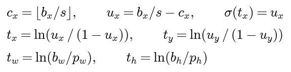 The cell column is the floor of b x over s, the offset u x is b x over s minus the column, and the sigmoid of t x must equal u x; so t x is the natural log of u x over one minus u x, t y likewise, and t w and t h are the natural logs of the box width over the anchor width and the box height over the anchor height
