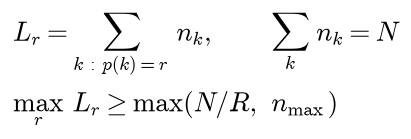 The load of reduce task r is the sum of n of k over the keys that p sends to r, and the counts add up to N; the busiest load is at least the larger of N over R and nmax