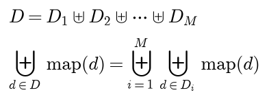 If D is the union of the splits D1 to DM, the union of map over all of D equals the union over the splits i of the union of map over the records of split i