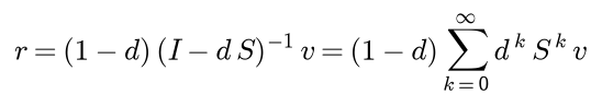 r equals 1 minus d times the inverse of I minus d S times v, which is 1 minus d times the sum over k from 0 to infinity of d to the k times S to the k times v