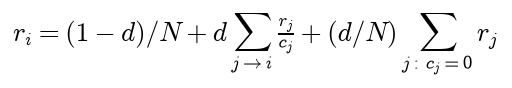 The rank of page i is 1 minus d over N, plus d times the sum over the pages linking to i of their rank over their out-degree, plus d over N times the total rank of the dead ends