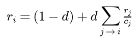 On the second scale the rank of page i is 1 minus d plus d times the sum over the pages linking to i of their rank over their out-degree