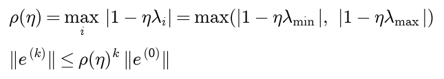 The contraction factor rho of eta is the largest over i of the size of one minus eta lambda i, which is the larger of the sizes of one minus eta lambda min and one minus eta lambda max; the error after k steps is at most rho to the power k times the initial error