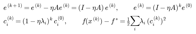 The error after k plus one steps is the error minus eta A times the error, which is I minus eta A times the error, so the error after k steps is I minus eta A to the power k times the initial error; the component along the i-th eigenvector is multiplied by one minus eta lambda i at every step, and the excess cost is one half the sum over i of lambda i times the squared component