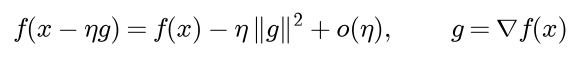 f of x minus eta g equals f of x minus eta times the squared length of g plus terms that vanish faster than eta