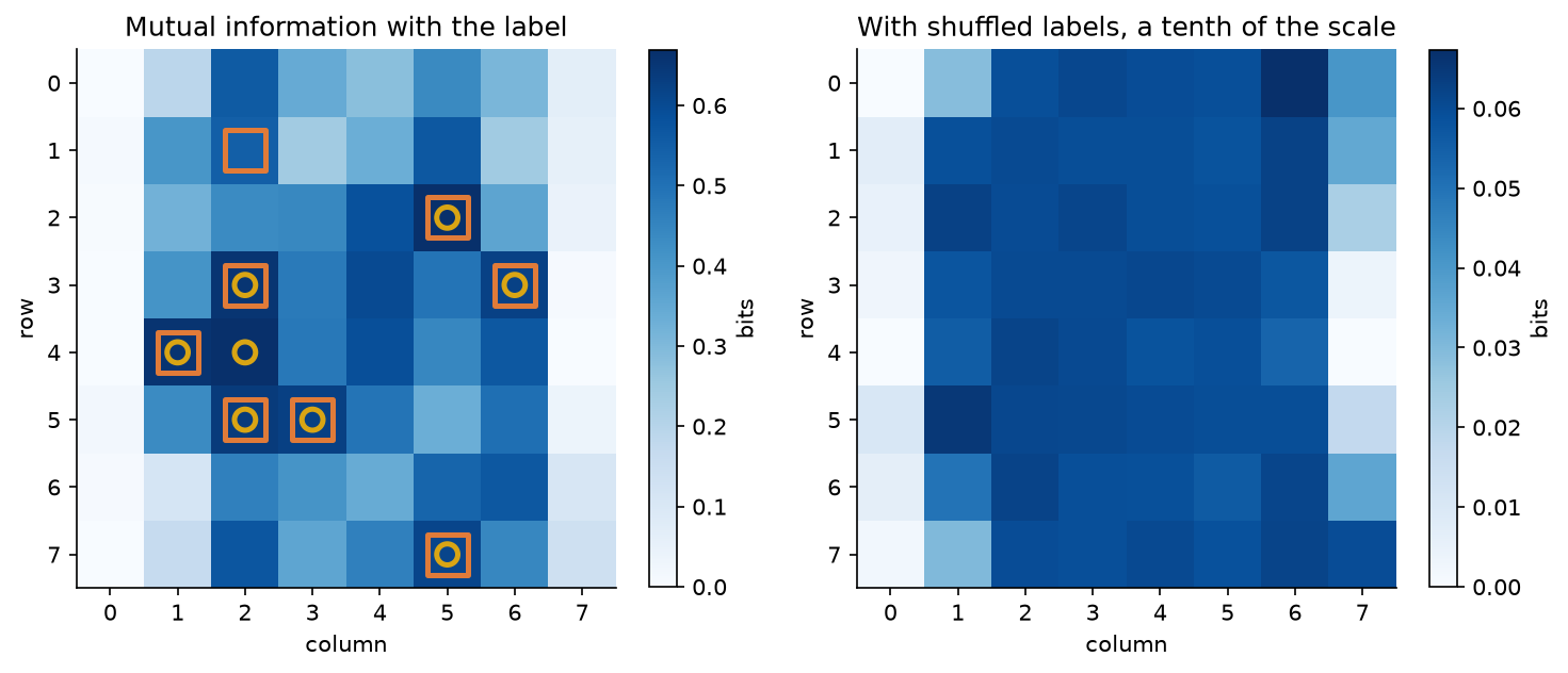 Two heat maps of the 8x8 pixel grid: on the left, the mutual information of each pixel with the label, high in the middle columns and near zero at the left and right edges, with the first eight pixels of each ranking marked by amber circles and orange squares; on the right, the same scores with shuffled labels on a scale ten times smaller, highest in the inner columns where pixels take many values