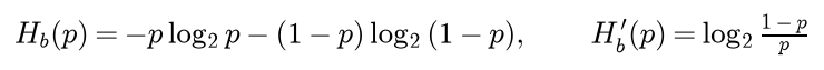 The binary entropy of p is minus p log2 p minus 1 minus p times log2 of 1 minus p, and its derivative is log2 of 1 minus p over p