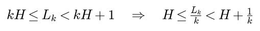 k H is at most the average block length L k, which is less than k H plus 1, so H is at most L k over k, which is less than H plus 1 over k