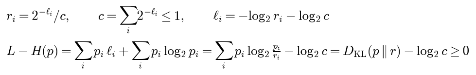 With r i equal to 2 to the minus length over c, and c the Kraft sum, at most 1, each length is minus log2 r i minus log2 c; then L minus the entropy equals the KL divergence of r from p minus log2 c, which is at least 0