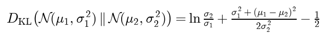 The KL divergence of the Gaussian with mean mu 2 and standard deviation sigma 2 from the Gaussian with mean mu 1 and standard deviation sigma 1 is ln of sigma 2 over sigma 1, plus sigma 1 squared plus the squared difference of the means over 2 sigma 2 squared, minus one half
