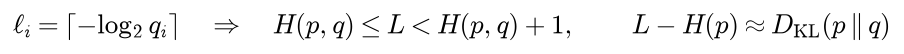 A Shannon code built for q, with lengths minus log2 q i rounded up, used on data from p, has average length at least the cross-entropy and less than the cross-entropy plus 1, so its excess over the entropy is about the KL divergence of q from p