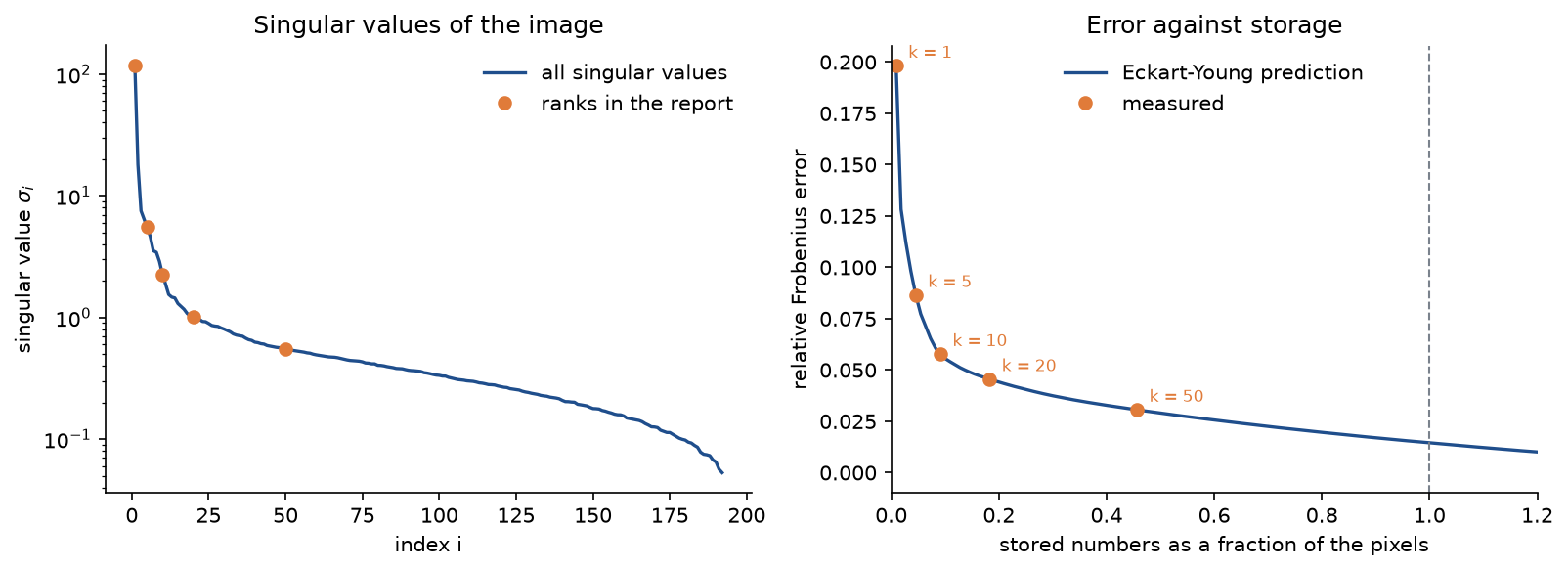 Left: the singular values of the test image on a logarithmic axis, falling steeply over the first 20 and then slowly along a floor, with the report ranks marked; right: the Eckart-Young prediction of the relative error against the fraction of numbers stored, with the measured errors of the report ranks lying exactly on it