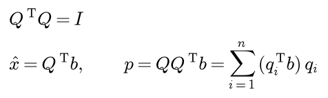 Q transposed Q equals the identity; x hat equals Q transposed b, and the projection is Q Q transposed b, the sum over i of q i transposed b times q i