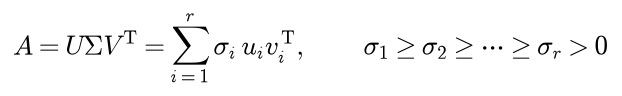 A equals U Sigma V transposed, the sum over i from 1 to r of sigma i u i v i transposed, with sigma 1 at least sigma 2 at least and so on down to sigma r, which is positive