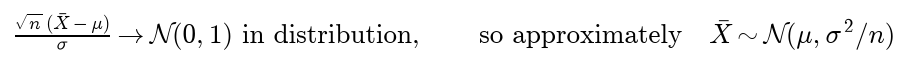 The central limit theorem: root n times the sample mean minus mu, over sigma, converges in distribution to the standard normal, so the sample mean is approximately normal with mean mu and variance sigma squared over n