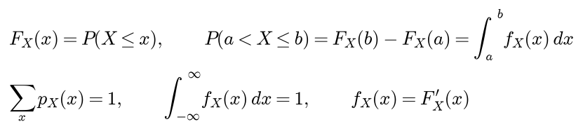 The distribution function F of x is P of X at most x; P of a less than X at most b is F of b minus F of a, which is the integral of the density from a to b; the mass function sums to one, the density integrates to one, and the density is the derivative of the distribution function