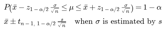 The z interval: the probability that the sample mean minus z times sigma over root n is at most mu and mu is at most the sample mean plus z times sigma over root n is one minus alpha; the t interval is the sample mean plus or minus the t quantile with n minus one degrees of freedom times s over root n
