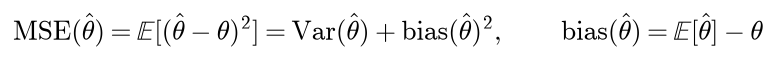 The mean squared error of an estimator is the expectation of its squared error, which equals its variance plus its bias squared, where the bias is its expectation minus the true parameter