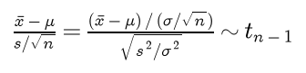 The t pivot: the sample mean minus mu over s over root n equals the standardized mean divided by the square root of s squared over sigma squared, which has a t distribution with n minus one degrees of freedom
