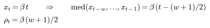 For a drift x equals beta times t, the median of the previous w readings is beta times t minus w plus 1 over 2, so the residual is the constant beta times w plus 1 over 2