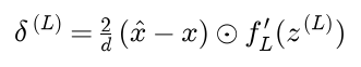 The output error is 2 over d times x hat minus x, multiplied entry by entry by the derivative of the output activation at the output net inputs
