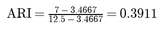 ARI equals 7 minus 3.4667 over 12.5 minus 3.4667, which is 0.3911