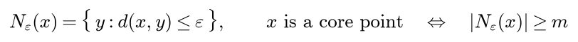 The epsilon neighbourhood of x is the set of points within distance epsilon of x, and x is a core point exactly when its neighbourhood holds at least m points