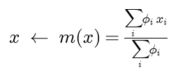 x is replaced by m of x, the sum of phi i times x i divided by the sum of phi i