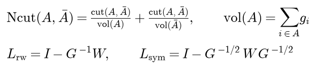 Ncut is the cut divided by the volume of A plus the cut divided by the volume of the complement, where the volume is the sum of the degrees; the random-walk Laplacian is I minus G inverse W and the symmetric normalized Laplacian is I minus G to the minus one half times W times G to the minus one half