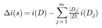 The impurity decrease of a split s is the impurity of D minus the sum over the parts of the share of rows in part j times the impurity of part j