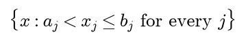 A leaf's region is the set of points x whose every feature j lies above a j and at most b j