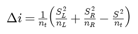 The impurity decrease equals 1 over n t times the quantity S L squared over n L plus S R squared over n R minus S squared over n t