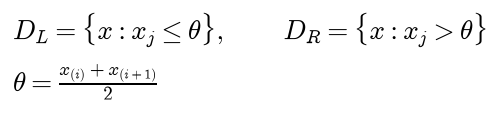 The left part holds the rows whose feature j is at most theta and the right part the rows above theta; theta is the midpoint of two consecutive sorted values