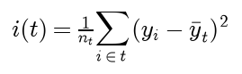 The impurity of node t is 1 over n t times the sum over its rows of y i minus the mean of the node, squared