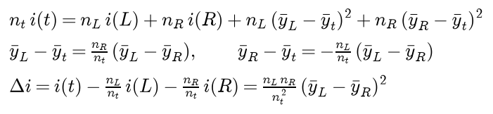 First line: n t times the impurity of t equals n L times the impurity of L plus n R times the impurity of R plus n L times the squared difference of the left mean and the node mean plus n R times the squared difference of the right mean and the node mean. Second line: the left mean minus the node mean is n R over n t times the difference of the left and right means, and the right mean minus the node mean is minus n L over n t times that difference. Third line: the impurity decrease equals n L n R over n t squared times the squared difference of the left and right means