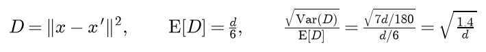 D is the squared distance between the two points; its expected value is d over 6, and its standard deviation divided by its mean is the square root of 7 d over 180 divided by d over 6, which is the square root of 1.4 over d