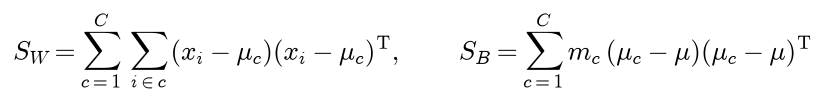 The within-class scatter S W sums, over classes and over the examples of each class, the outer product of the example's offset from its class mean; the between-class scatter S B sums, over classes, the class size times the outer product of the class mean's offset from the overall mean