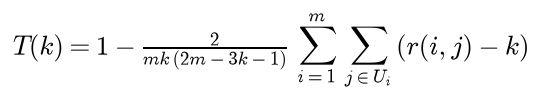 The trustworthiness T of k is 1 minus 2 over m k times 2 m minus 3 k minus 1, times the sum over points i and over the intruders j in U i of the rank r of i and j minus k
