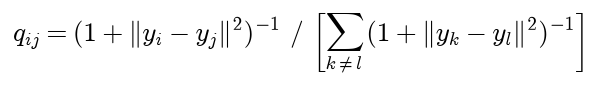 The map affinity q i j is 1 over 1 plus the squared distance between y i and y j, divided by the sum of the same quantity over all pairs k, l with k different from l