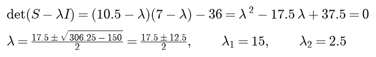 The determinant of S minus lambda I is 10.5 minus lambda times 7 minus lambda, minus 36, which is lambda squared minus 17.5 lambda plus 37.5; its roots are 17.5 plus or minus the square root of 306.25 minus 150, over 2, which is 17.5 plus or minus 12.5 over 2, so lambda 1 is 15 and lambda 2 is 2.5