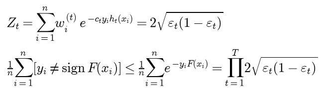 Z t, the sum of the weights times e to the minus c t y i h t of x i, is 2 times the square root of epsilon t times 1 minus epsilon t; the training error is at most the average exponential loss, which equals the product over the rounds of 2 times the square root of epsilon t times 1 minus epsilon t
