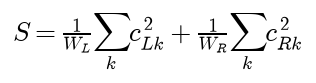 The split score S is the sum over classes of the squared left class weights over the left weight, plus the same for the right side