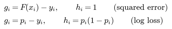 For squared error g i is the score minus y i and h i is 1; for the log loss g i is p i minus y i and h i is p i times 1 minus p i