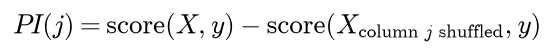 The permutation importance of feature j is the score on the data minus the score with column j shuffled