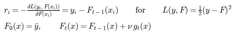 The negative gradient r i of the loss with respect to the score is y i minus the previous score when the loss is one half of y minus F squared; F0 is the mean of y, and F t is F t minus 1 plus nu times the tree g t